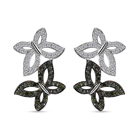 White Diamond & Green Diamond Solitaire Stud Push Post Earring with Push Back in Rhodium Overlay Sterling Silver 0.50 Ct.