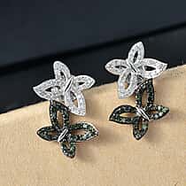 White Diamond, Green Diamond Butterfly Push Post Earring in Rhodium Overlay Sterling Silver 0.50 Ct.