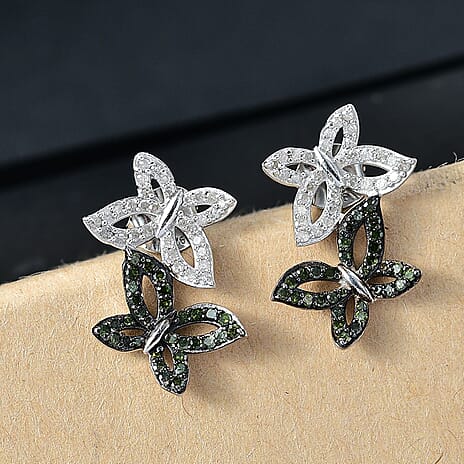 White Diamond & Green Diamond Solitaire Stud Push Post Earring with Push Back in Rhodium Overlay Sterling Silver 0.50 Ct.