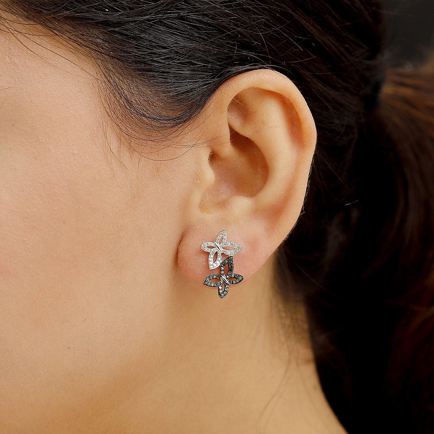 White Diamond & Green Diamond Solitaire Stud Push Post Earring with Push Back in Rhodium Overlay Sterling Silver 0.50 Ct.