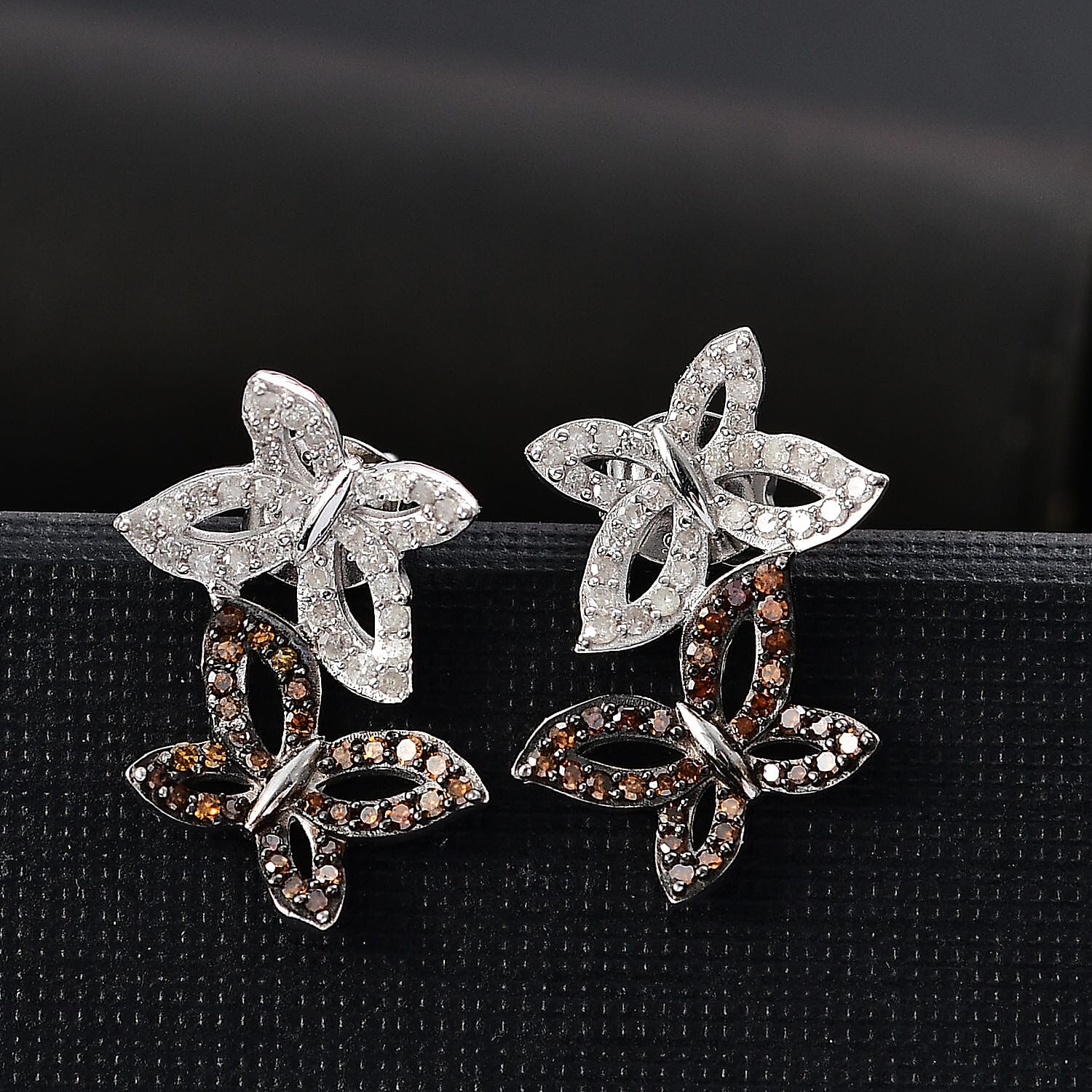 White Diamond & Red Diamond Solitaire Stud Push Post Earring with Push Back in Rhodium Overlay Sterling Silver 0.50 Ct.