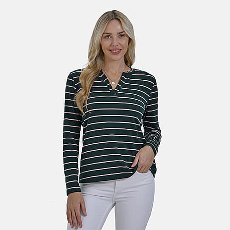 & Maisi Wrinkle Free Full Sleeve Stripe Jersey Top (Size M) - Green & Pink