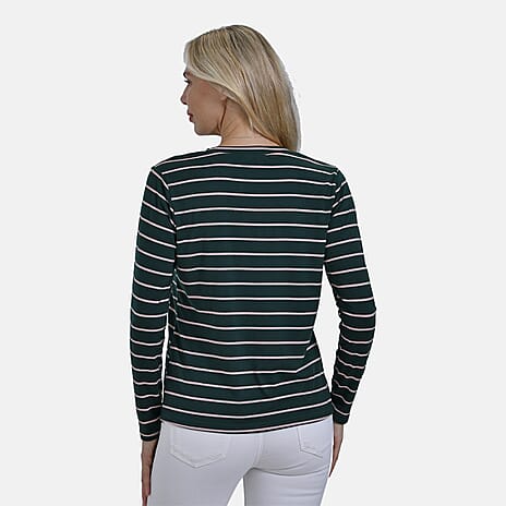 & Maisi Wrinkle Free Full Sleeve Stripe Jersey Top (Size M) - Green & Pink