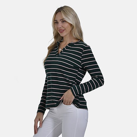 & Maisi Wrinkle Free Full Sleeve Stripe Jersey Top (Size M) - Green & Pink