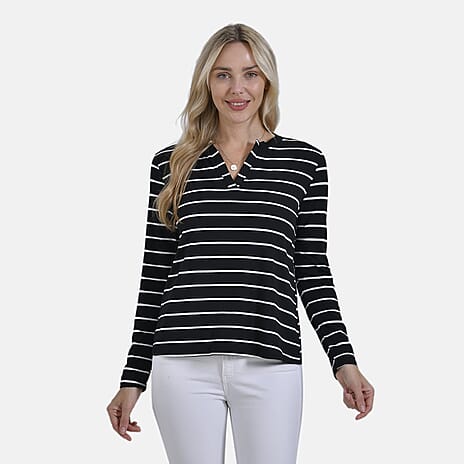 Maisi Wrinkle Free Full Sleeve Stripe Jersey Top (Size XL) - Black & White
