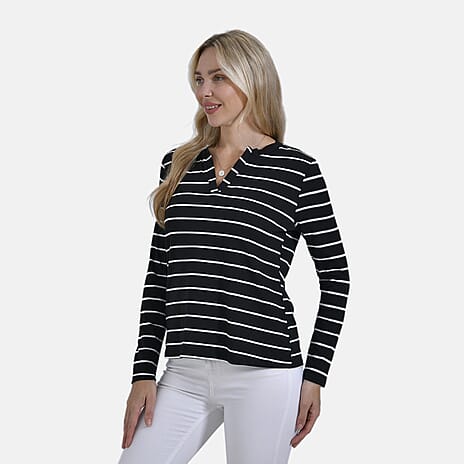 Maisi Wrinkle Free Full Sleeve Stripe Jersey Top (Size XL) - Black & White
