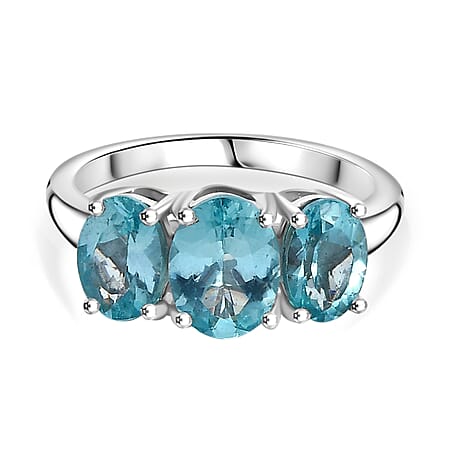 Lagoon Apatite 3-Stone Ring in Rhodium Overlay Sterling Silver 2.64 Cts.