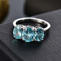 Lagoon Apatite 3-Stone Ring in Rhodium Overlay Sterling Silver 2.64 Cts.