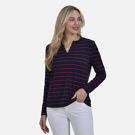 & Maisi Wrinkle Free Full Sleeve Stripe Jersey Top (Size XL) - Navy & Red