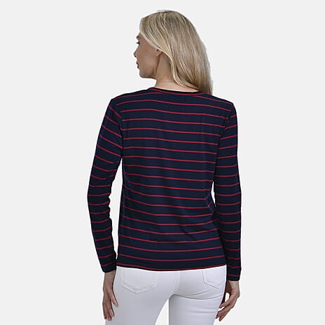 & Maisi Wrinkle Free Full Sleeve Stripe Jersey Top (Size XL) - Navy & Red
