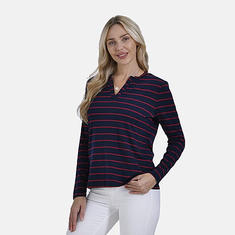 & Maisi Wrinkle Free Full Sleeve Stripe Jersey Top (Size XL) - Navy & Red