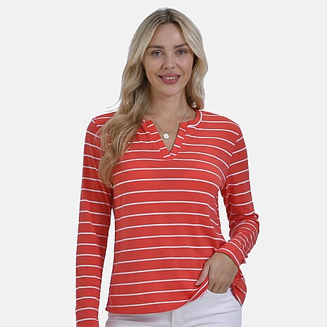 & Maisi Wrinkle Free Full Sleeve Stripe Jersey Top (Size L) - Orange & White