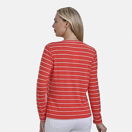 & Maisi Wrinkle Free Full Sleeve Stripe Jersey Top (Size L) - Orange & White