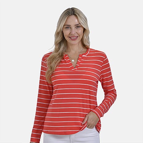 & Maisi Wrinkle Free Full Sleeve Stripe Jersey Top (Size L) - Orange & White