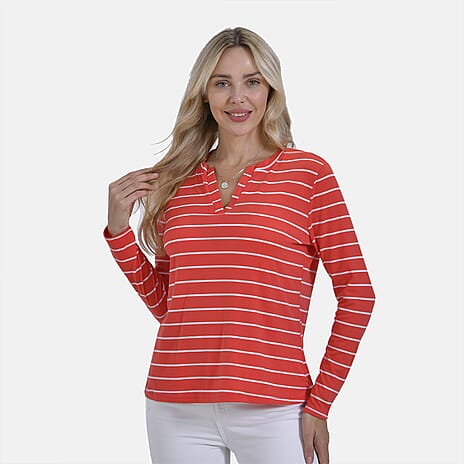 & Maisi Wrinkle Free Full Sleeve Stripe Jersey Top (Size L) - Orange & White