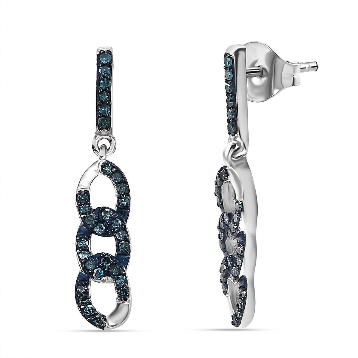 Blue Diamond Earring with Push Back in Rhodium Overlay Sterling Silver 0.25 Ct.