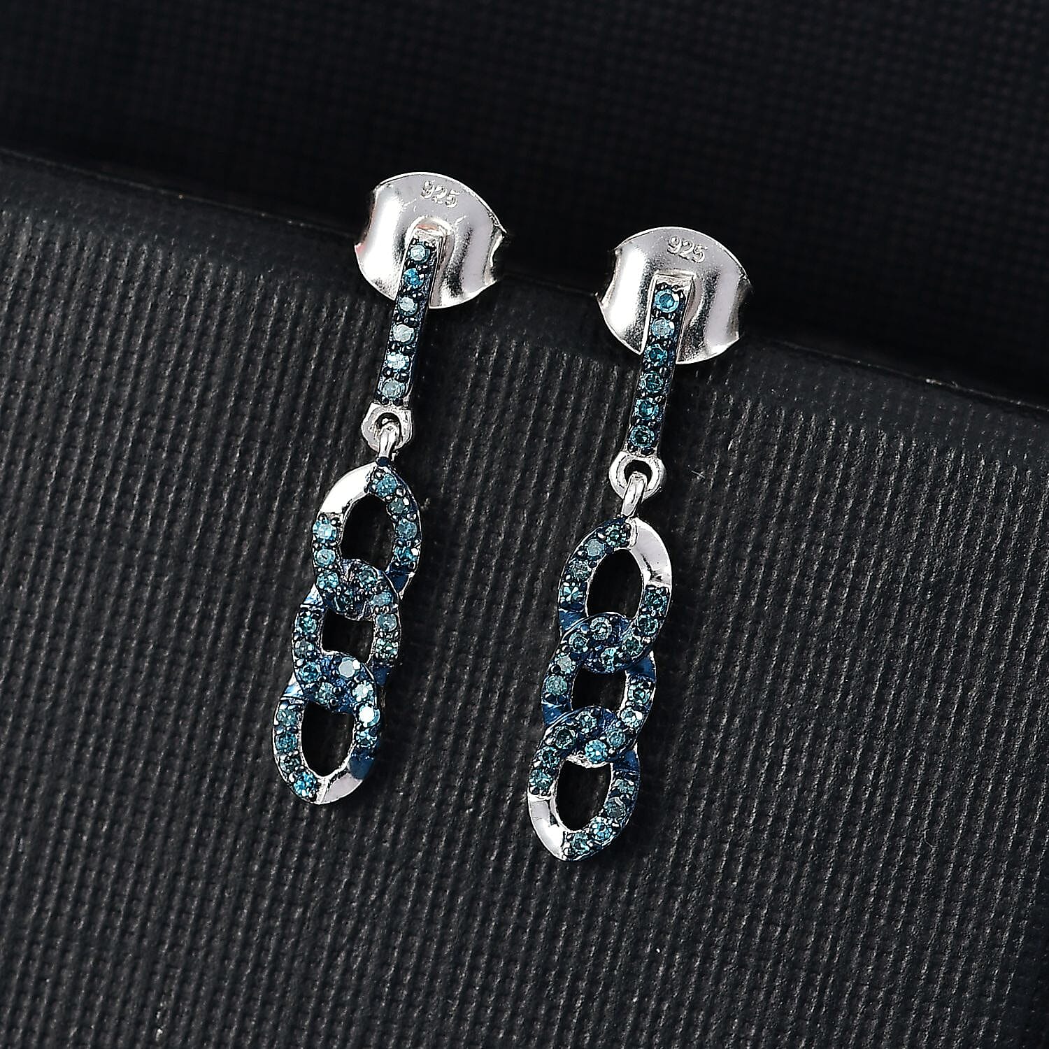 Blue Diamond Earring with Push Back in Rhodium Overlay Sterling Silver 0.25 Ct.