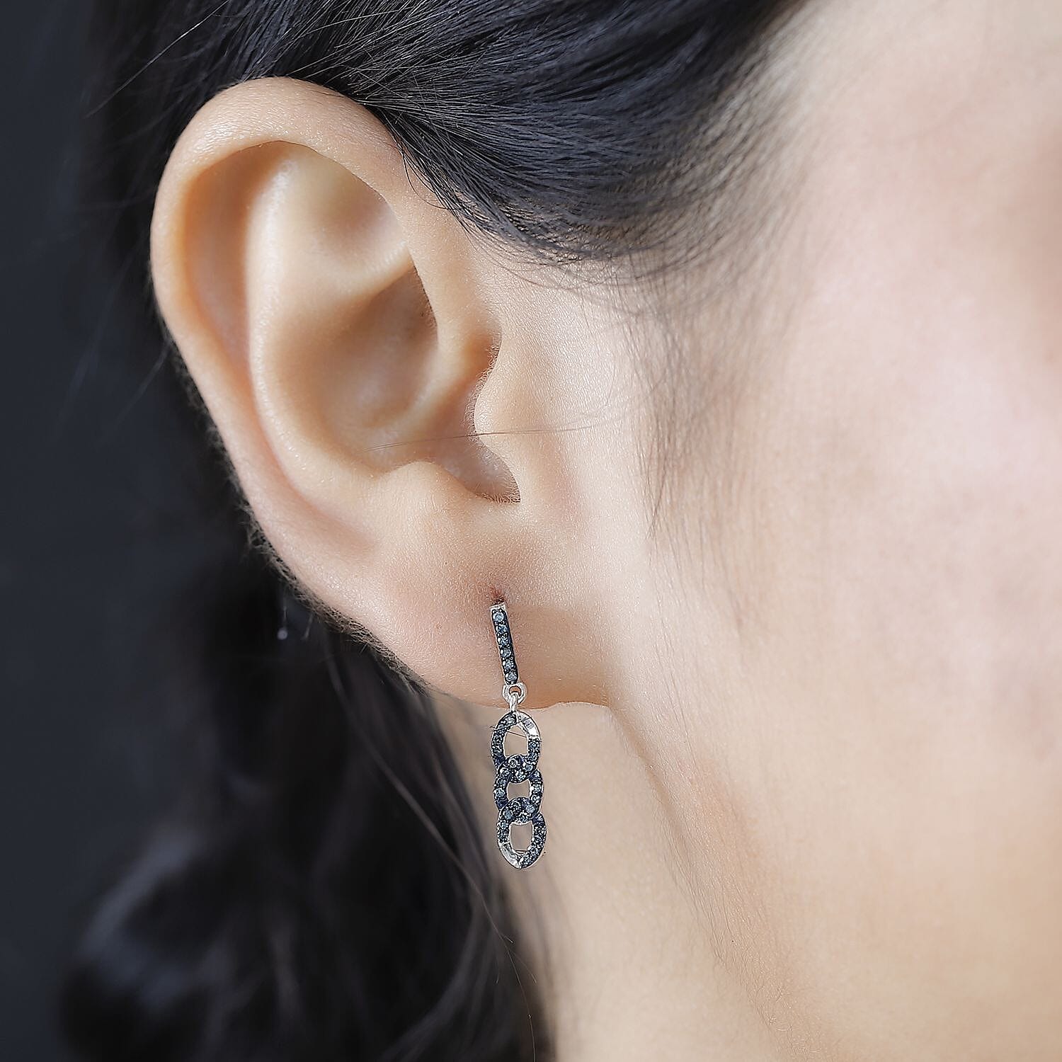 Blue Diamond Earring with Push Back in Rhodium Overlay Sterling Silver 0.25 Ct.