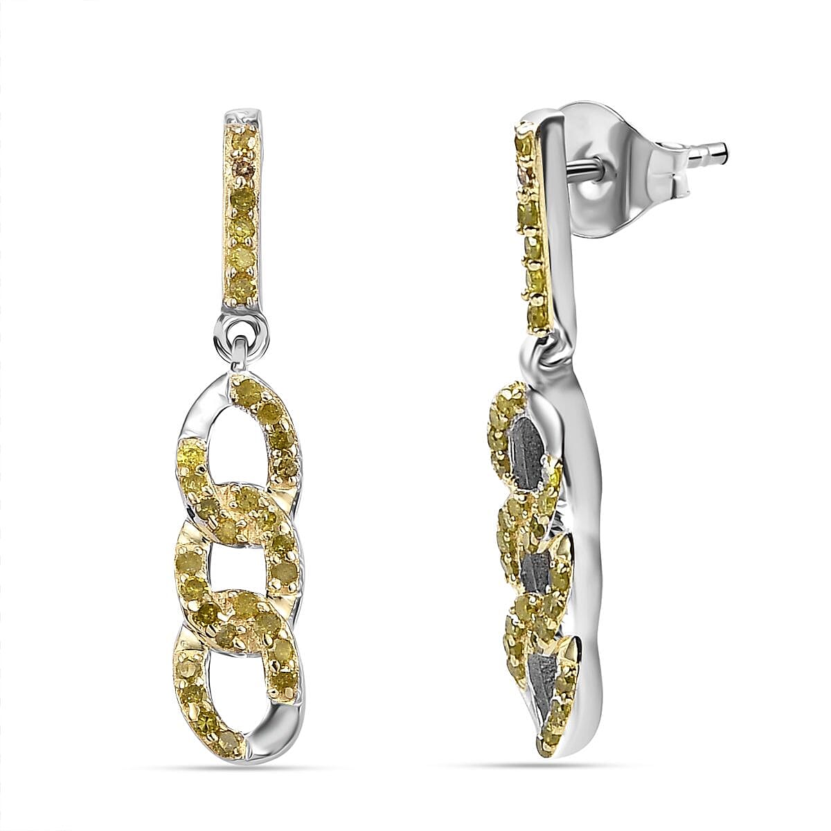 Yellow Diamond Earring with Push Back in Rhodium Overlay Sterling Silver 0.25 Ct.