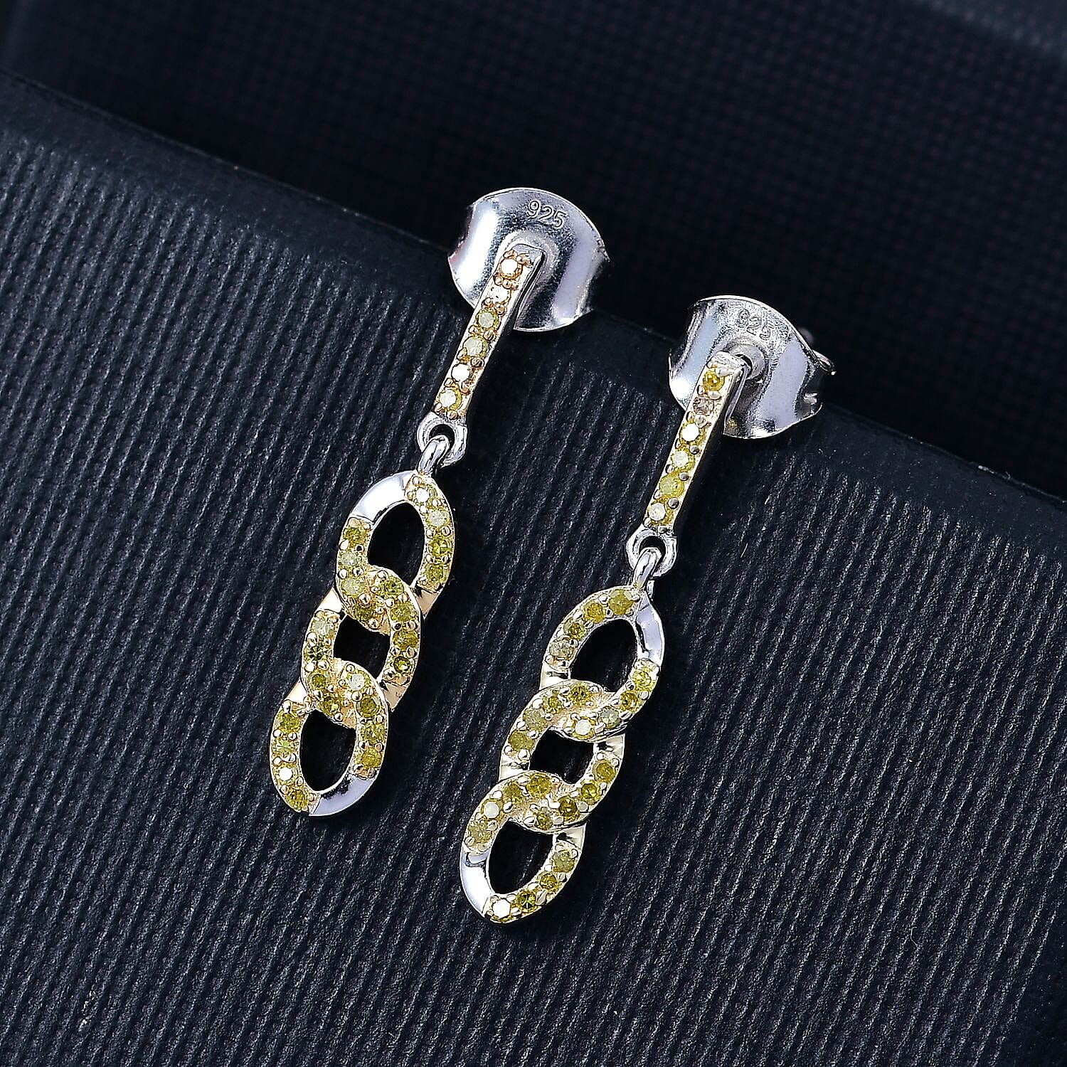 Yellow Diamond Earring with Push Back in Rhodium Overlay Sterling Silver 0.25 Ct.