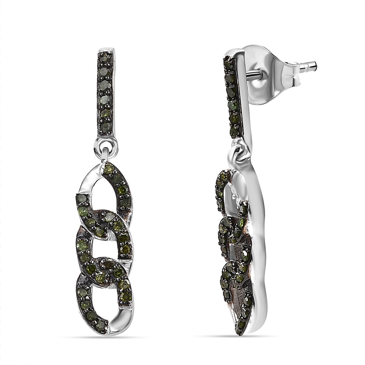 Green Diamond Earring with Push Back in Rhodium Overlay Sterling Silver 0.25 Ct.