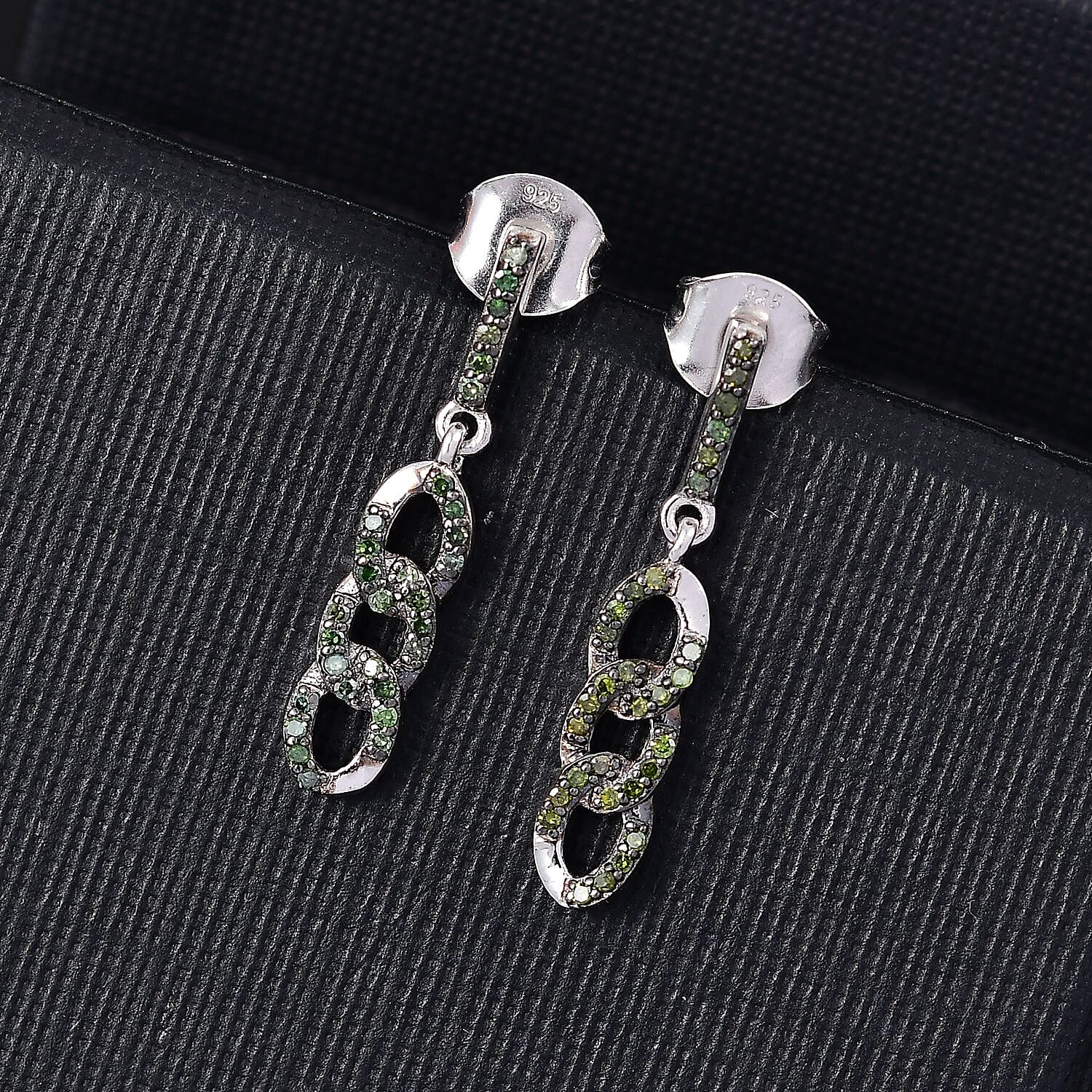 Green Diamond Earring with Push Back in Rhodium Overlay Sterling Silver 0.25 Ct.