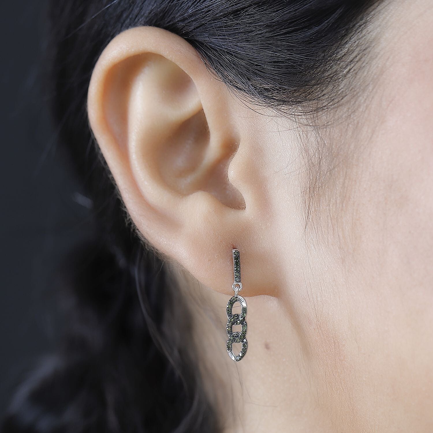 Green Diamond Earring with Push Back in Rhodium Overlay Sterling Silver 0.25 Ct.