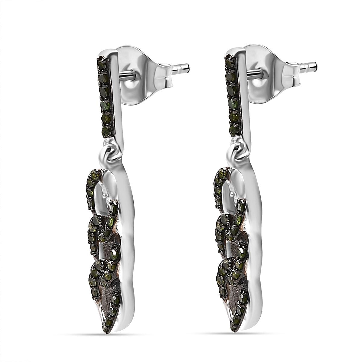 Green Diamond Earring with Push Back in Rhodium Overlay Sterling Silver 0.25 Ct.
