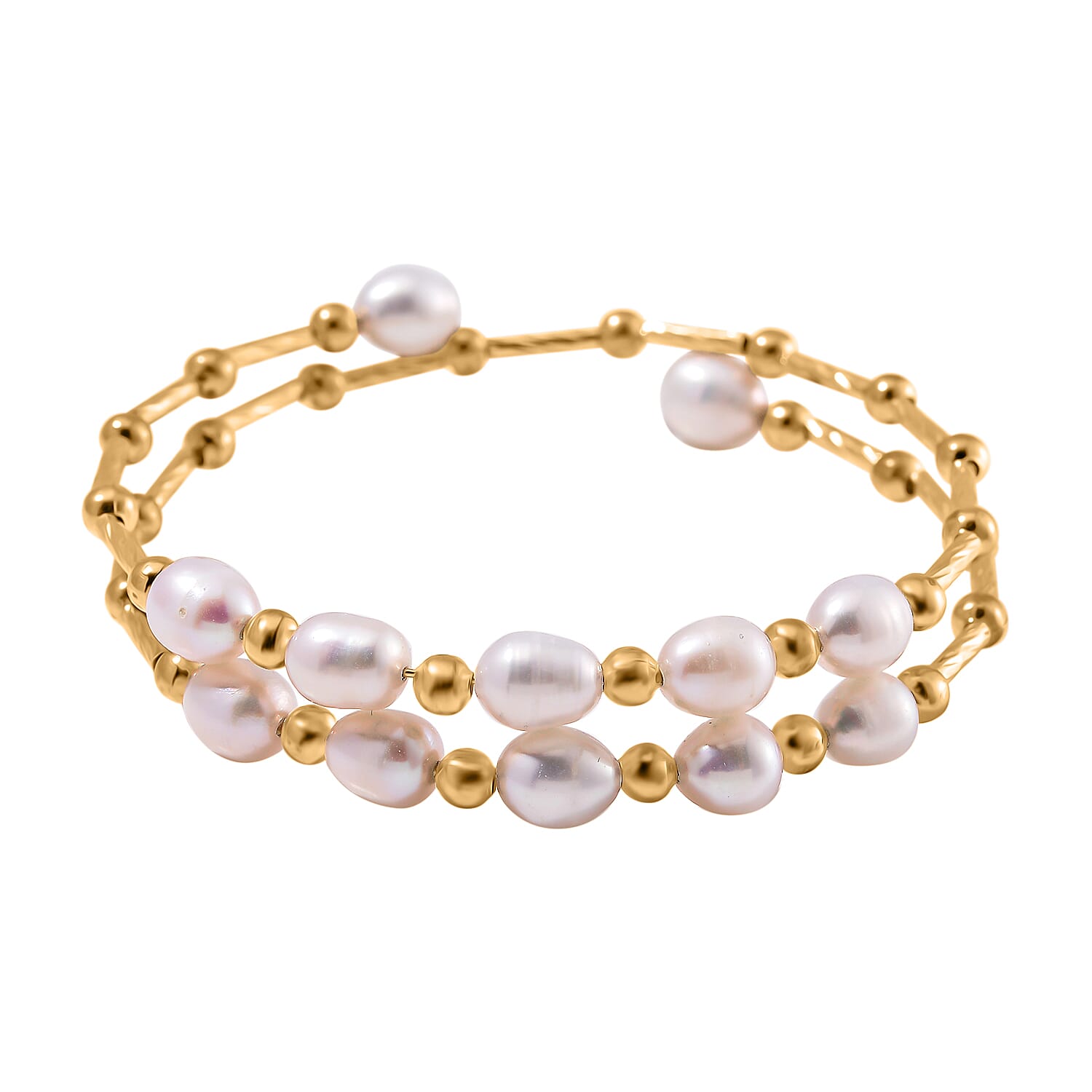White Fresh Water Pearl Adjustable Bangle (Size - 7.5) in Yellow Gold Tone 35.00 Ct.