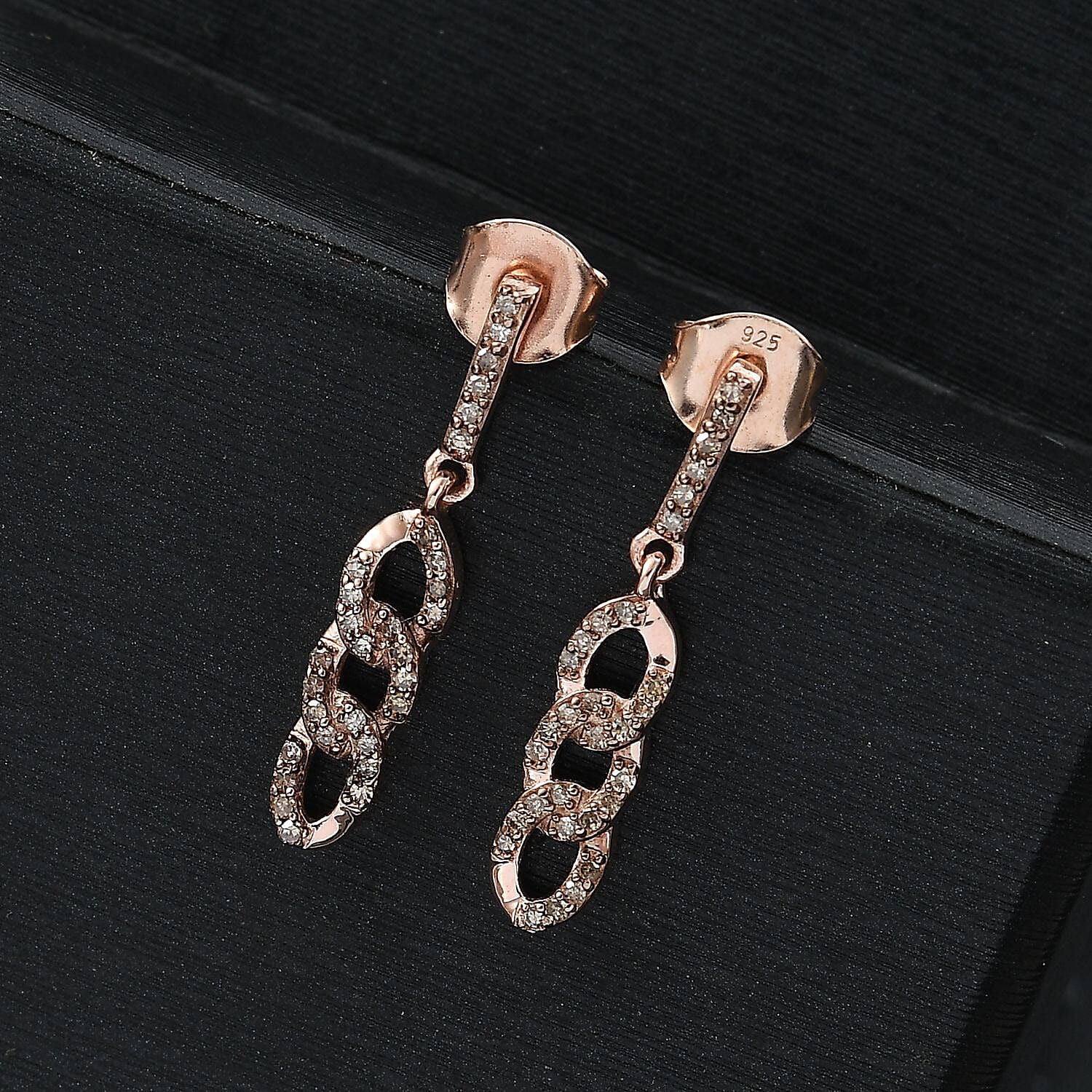 Champagne Diamond Earring with Push Back in 18K Vermeil Rose Gold Plated Sterling Silver 0.25 Ct