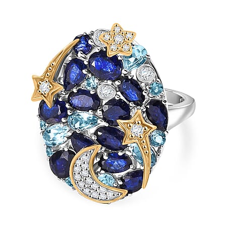 GP Collection- Star Moon Celestial Collection - Fissure Filled Blue Sapphire, Multi Gemstones Cluster Ring in 18K Yellow Gold & Rhodium Plated Sterling Silver 7.27 Ct.