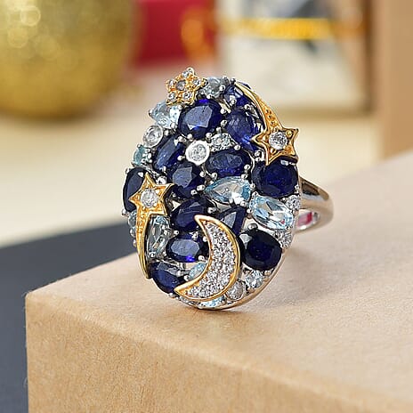 GP Star Moon Celestial Collection - Blue Sapphire, Multi Gemstones Cluster Ring in 18K Yellow Gold & Rhodium Plated Sterling Silver 7.27 Ct.