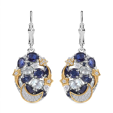 Star Moon Celestial Collection - Fissure Filled Blue Sapphire, Multi Gemstones Cluster Earrings in 18K Vermeil Yellow Gold and Rodium Overlay Sterling Silver  7.89 Ct.