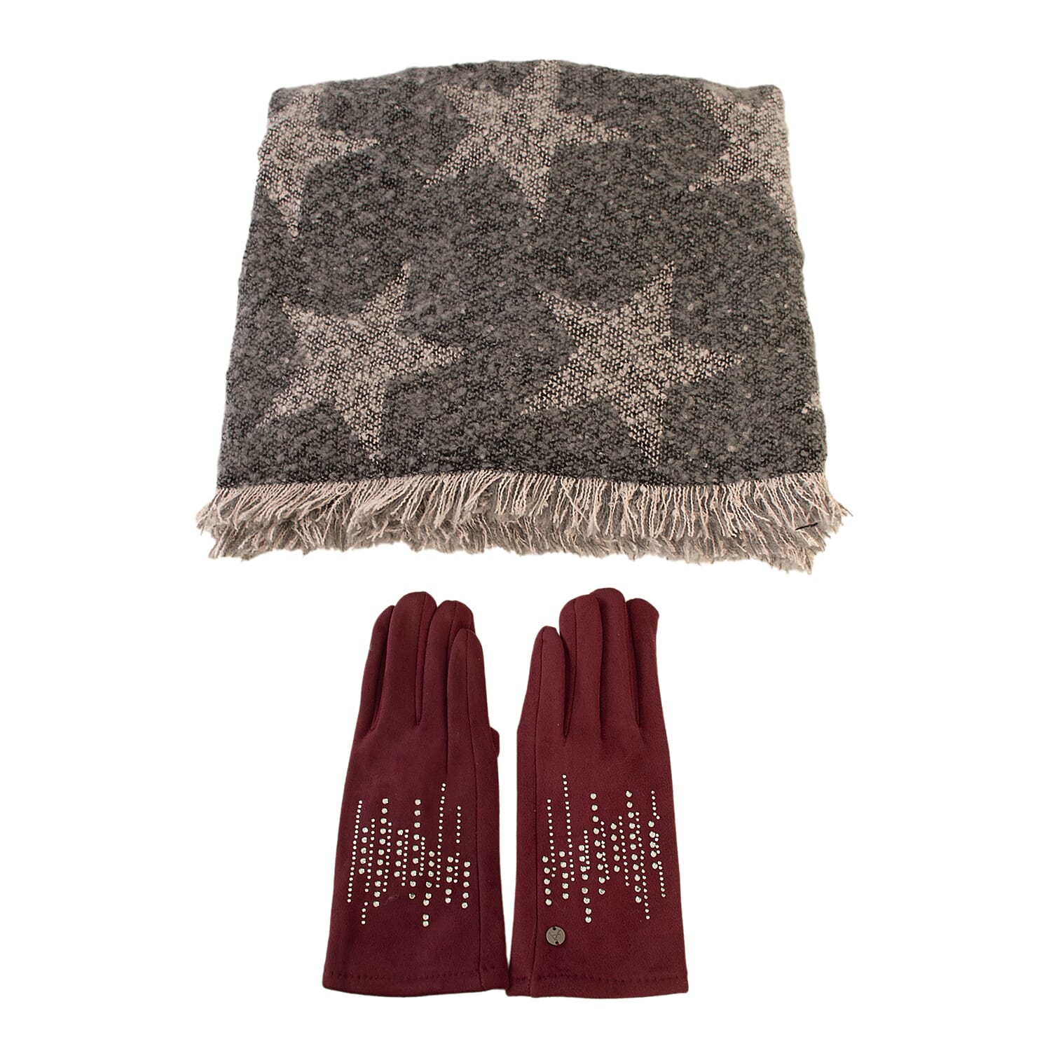 Set of Winter Scarf (Grey) and Gloves (Marroon)