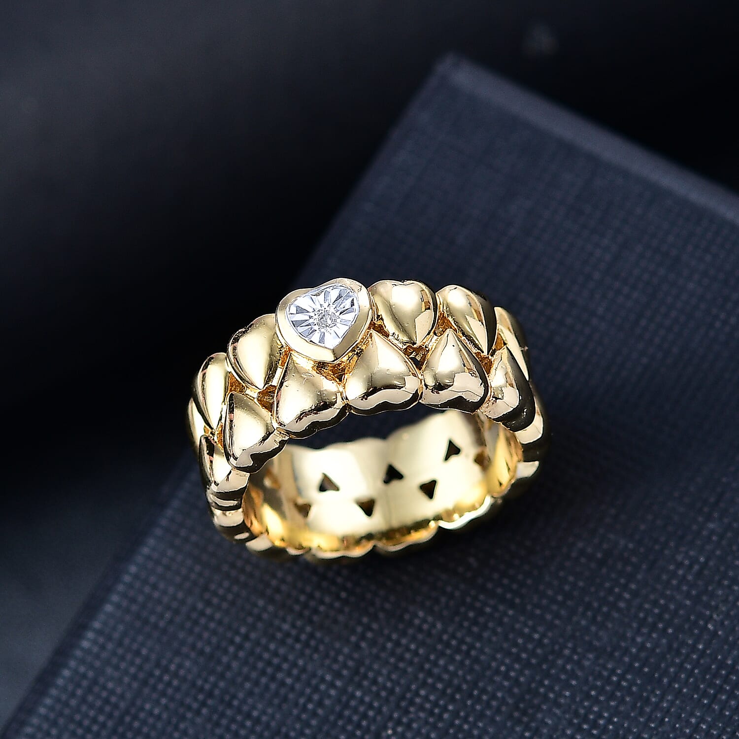 Natural White Diamond Heart Band Ring in Yellow Gold Tone
