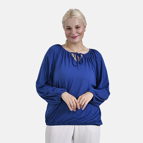 - Maisi Relaxed Fit Jersey Balloon Sleeve Top with Tie-Up Neck (Size M) - Blue