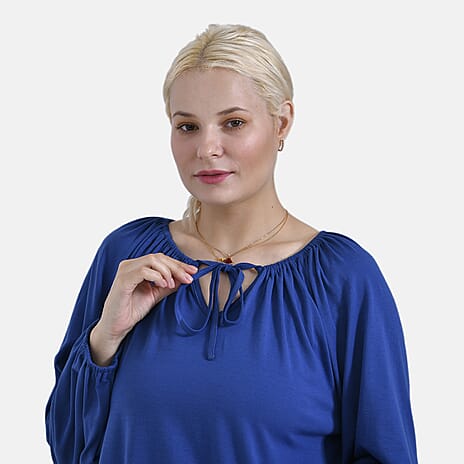 - Maisi Relaxed Fit Jersey Balloon Sleeve Top with Tie-Up Neck (Size XL) - Blue