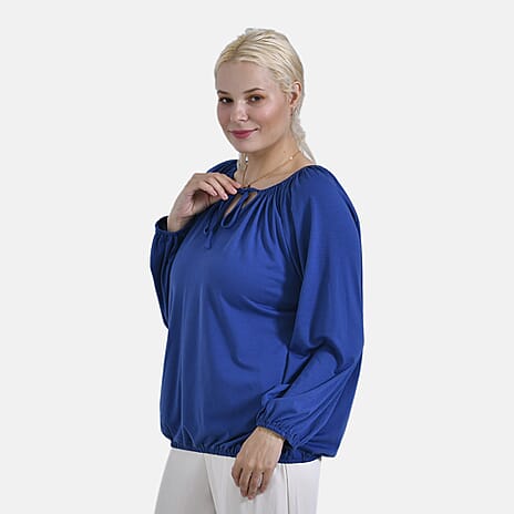 - Maisi Relaxed Fit Jersey Balloon Sleeve Top with Tie-Up Neck (Size XXL) - Blue