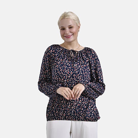 - Maisi Leopard Print Jersey Balloon Top with Tie-Up Neck (Size L) - Blue Base - Red Print