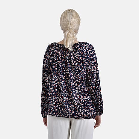 - Maisi Leopard Print Jersey Balloon Top with Tie-Up Neck (Size L) - Blue Base - Red Print