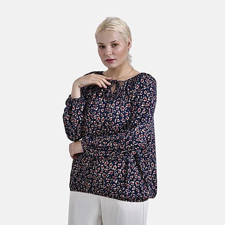 - Maisi Leopard Print Jersey Balloon Top with Tie-Up Neck (Size M) - Blue Base - Red Print