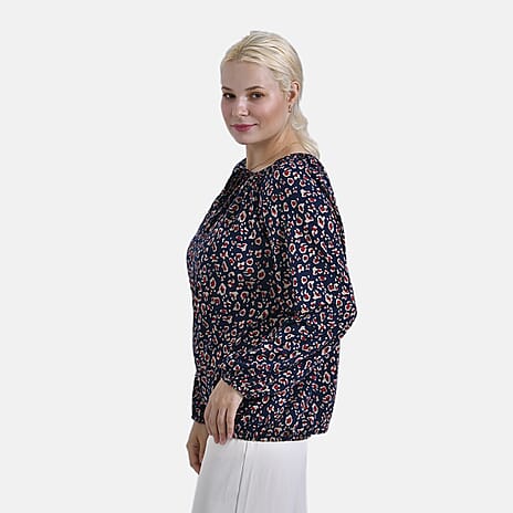 - Maisi Leopard Print Jersey Balloon Top with Tie-Up Neck (Size M) - Blue Base - Red Print