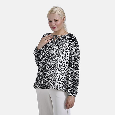 & Maisi Spots Pattern Balloon Sleeve Jersey Top (Size M) - White Base & Black Pattern
