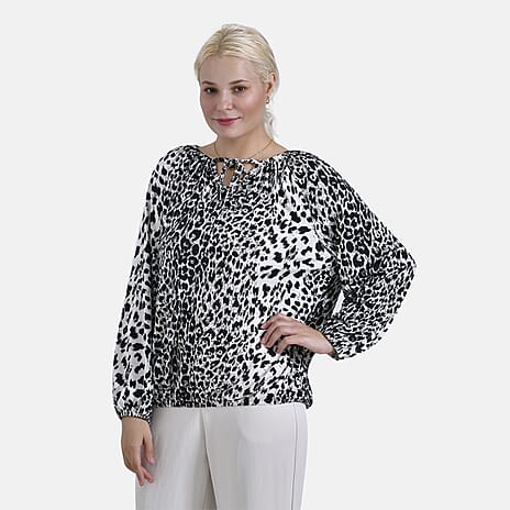 & Maisi Spots Pattern Balloon Sleeve Jersey Top (Size M) - White Base & Black Pattern
