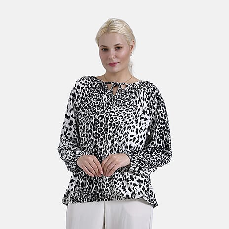 & Maisi Spots Pattern Balloon Sleeve Jersey Top (Size XL) - White Base & Black Pattern