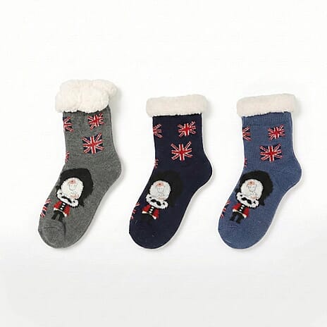 Set of 3 Lady Hutsocks London Sherpa Winter Socks - Navy, Blue & Grey