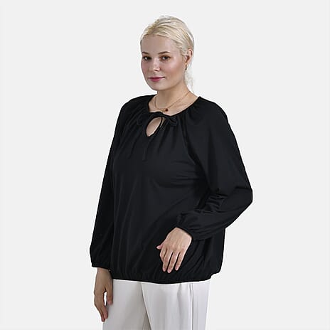 & Maisi Jersey Balloon Sleeve Top with Drawstring V-Neck (Size M) - Black