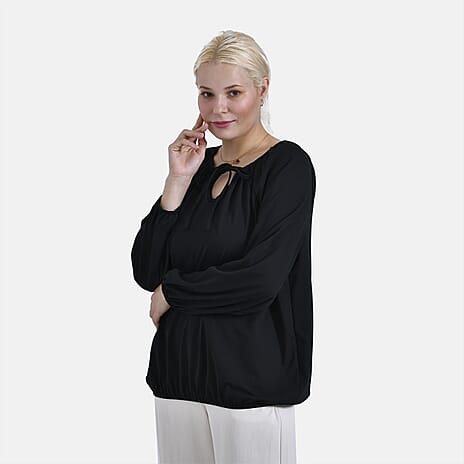 & Maisi Jersey Balloon Sleeve Top with Drawstring V-Neck (Size M) - Black