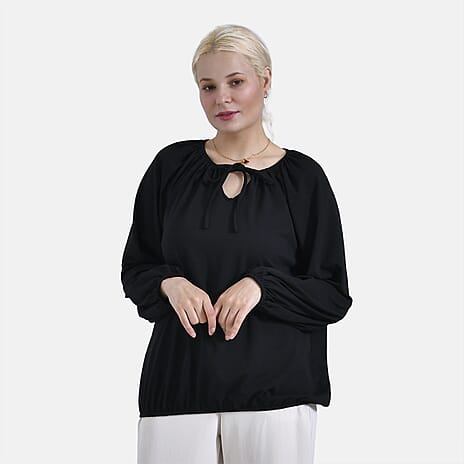 & Maisi Jersey Balloon Sleeve Top with Drawstring V-Neck (Size L) - Black