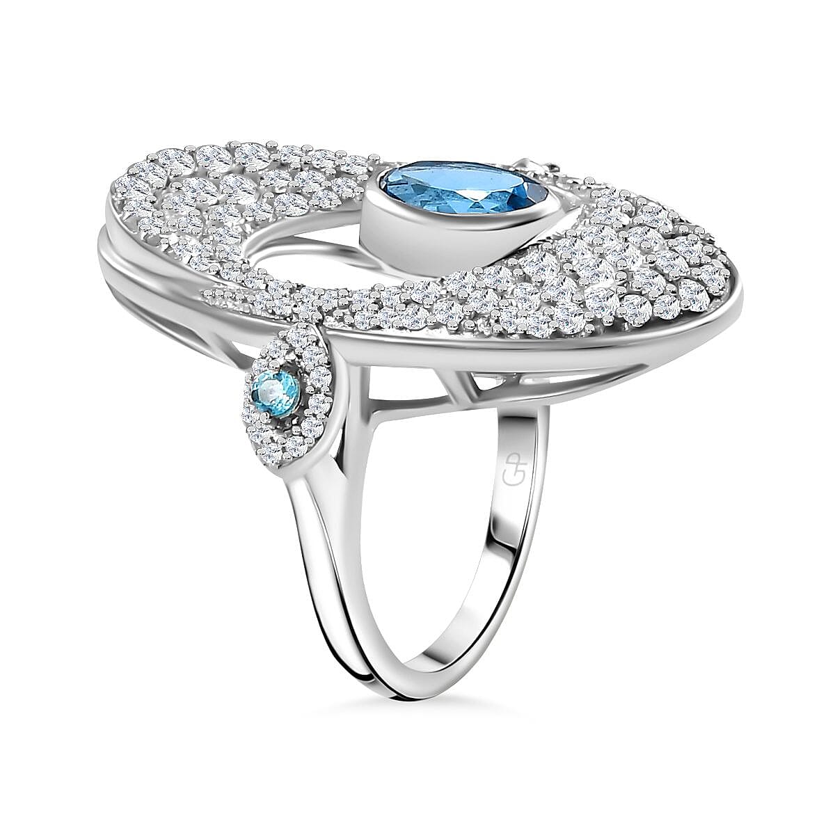 GP Celestial Collection - Swiss Blue Topaz, Blue Sapphire, Blue Apatite & White Zircon Ring in Rhodium Sterling Silver 4.87 Ct.